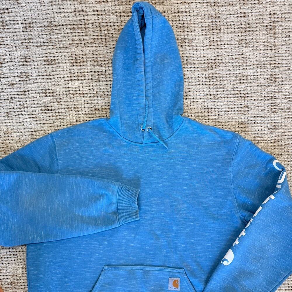 Carhartt Mens L Loose Fit Blue Heather Sleeve Logo Pullover Hoodie Sweatshirt